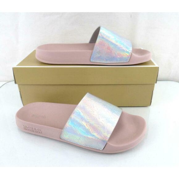 Michael Kors Gilmore Slide Sandals MK Debossed Metallic Silver Multi Size 9 - Picture 5 of 9